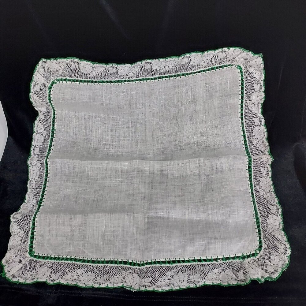Handerchief Antique 13x13 Handmade French Lace 1920 Wedding Green Embroridred